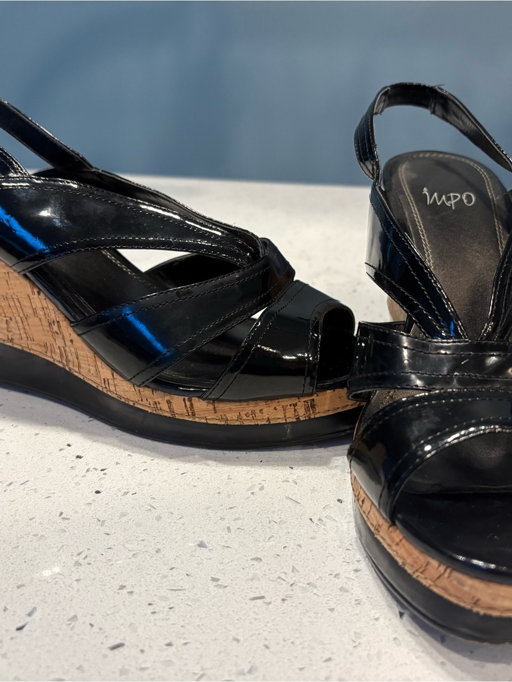 Impo Black Patent Cork Wedge Sandals